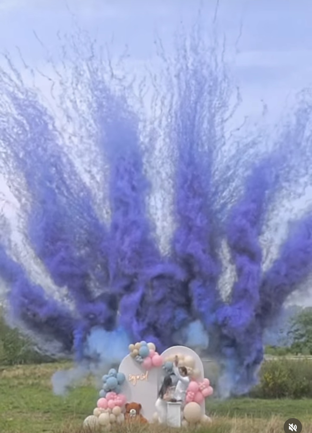 Décoration Gender Reveal avec arche de ballons et fumigènes