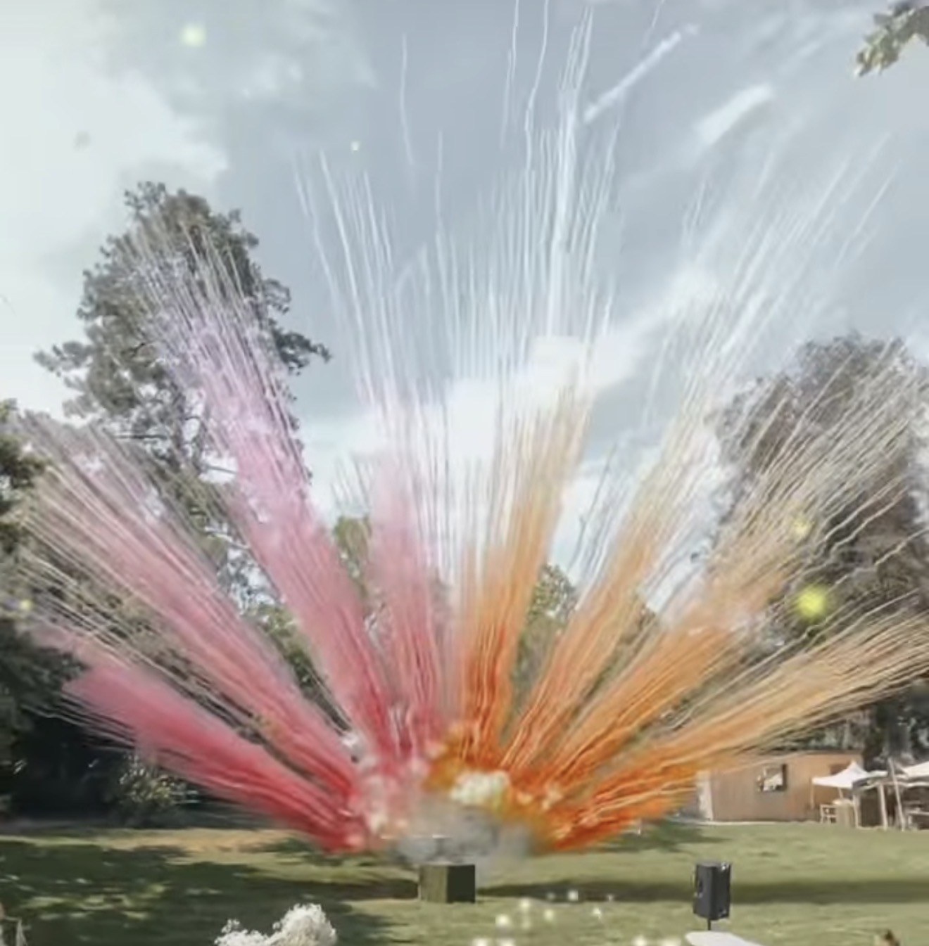 Pyrotechnie rose et multicolore de jour