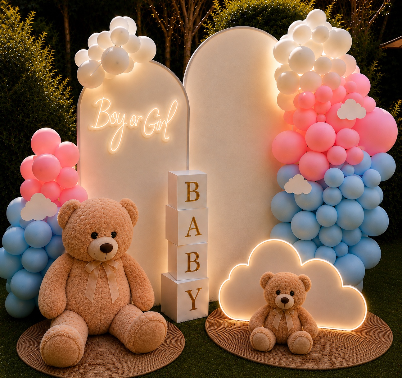 Décoration baby avec teddy bears et arches blanches