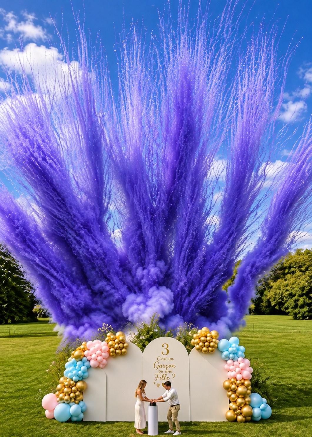 Gender Reveal extérieur avec fumée colorée violette et décoration pastel