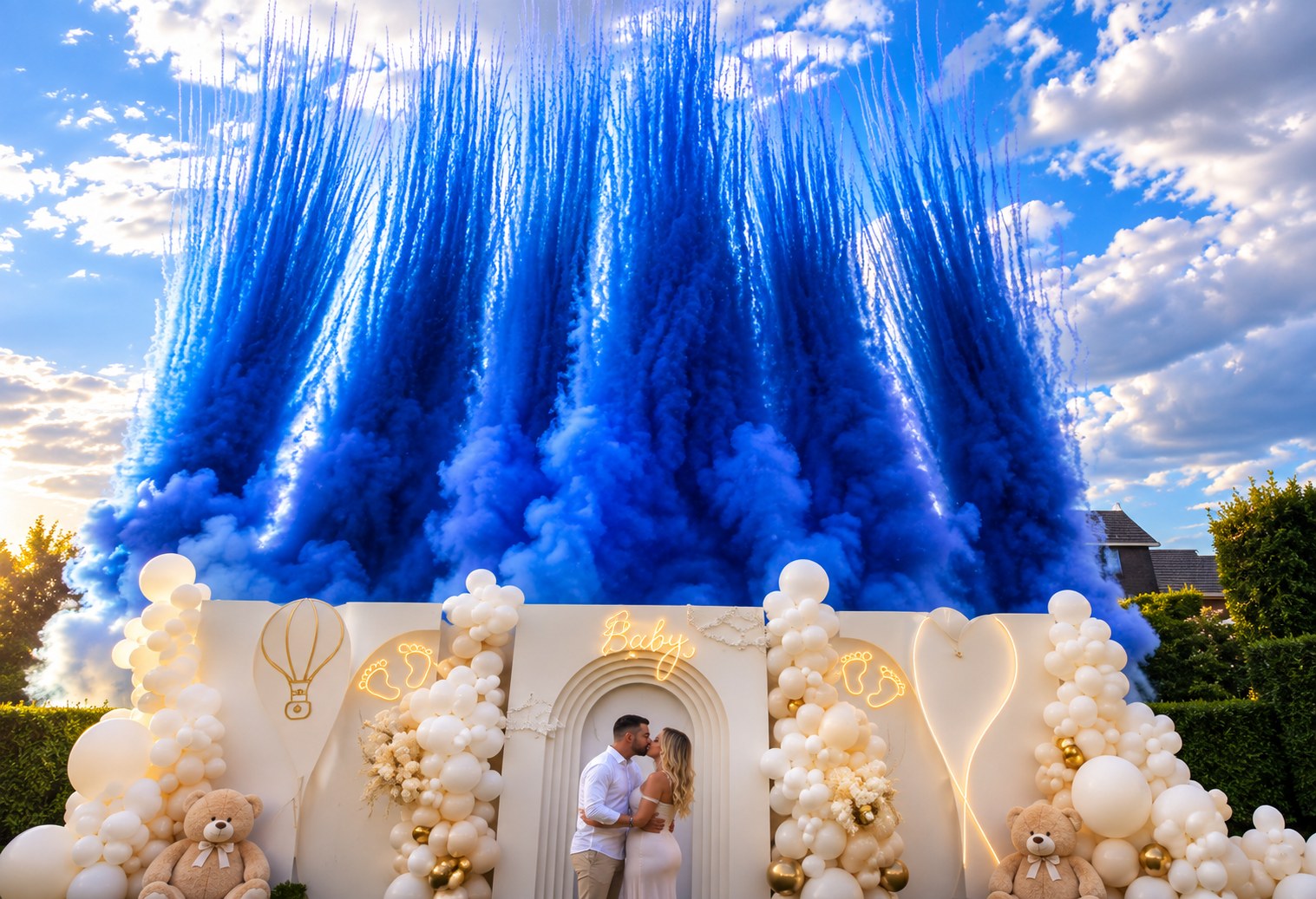 Gender Reveal extérieur avec fumée bleue et décor de ballons