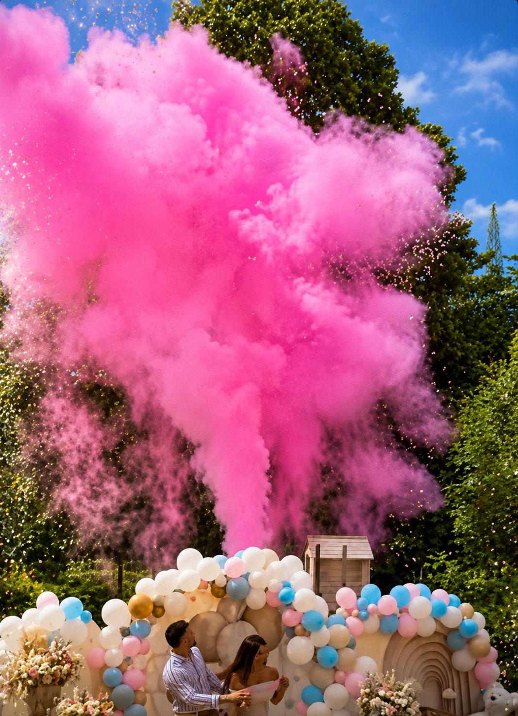 Gender Reveal extérieur avec fumée bleue et décoration beige